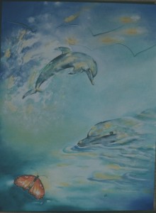 Dolphins and butterfly by visionary artist Madeleine Tuttle